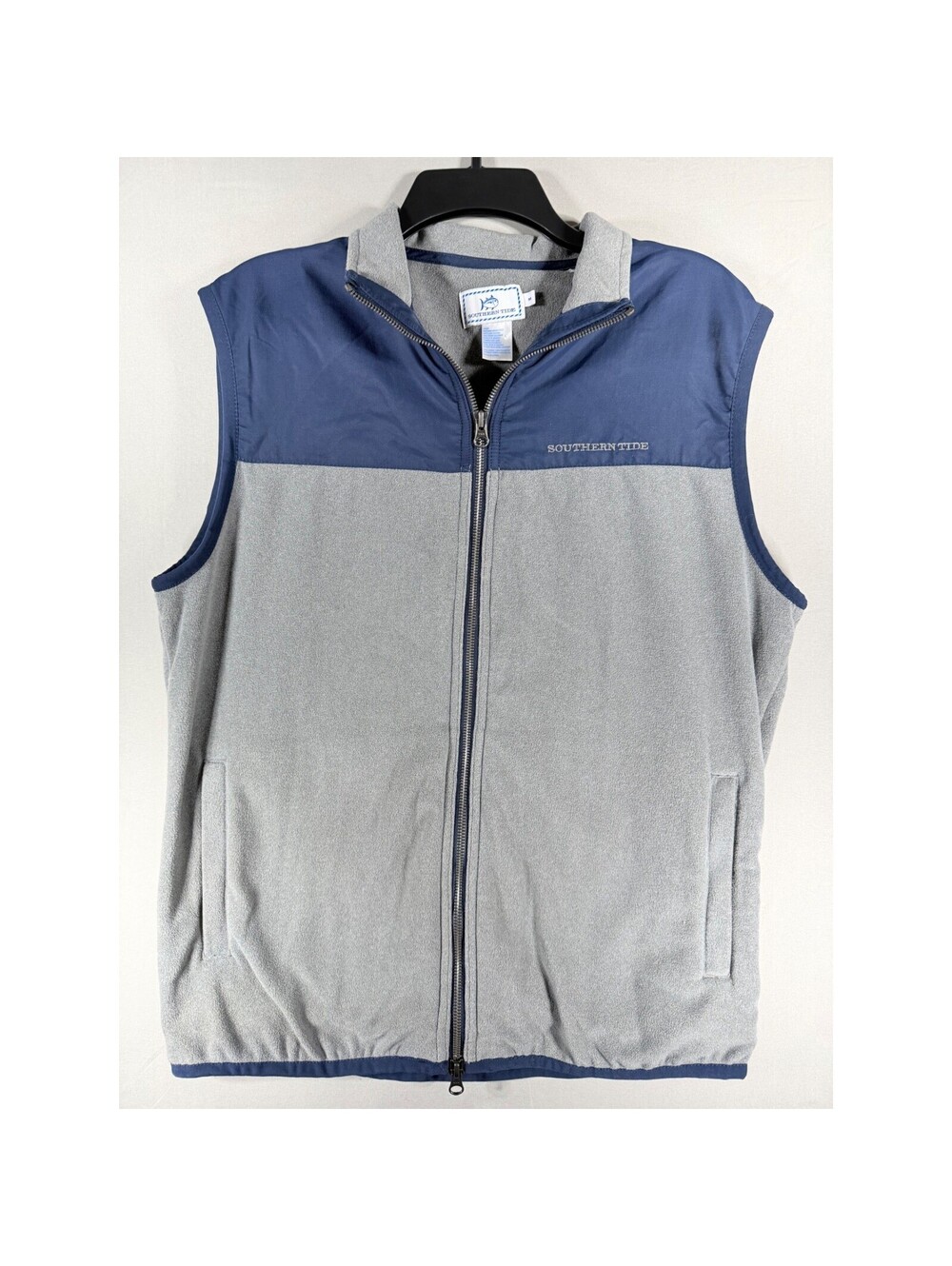 Southern Tide Mens Fleece Vest Gray Navy Blue Full Zip Colorblock Size Medium